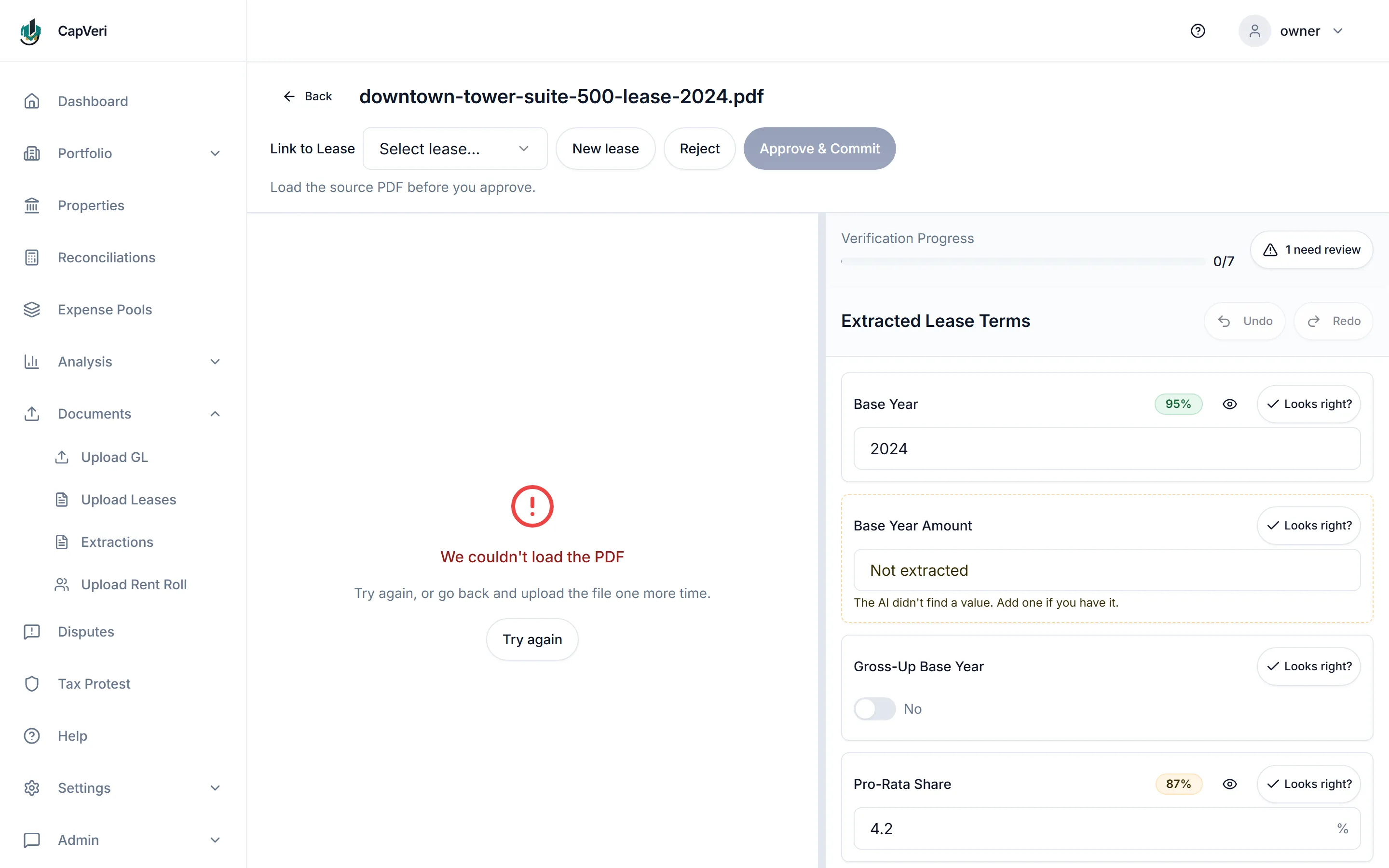 Extraction review for downtown-tower-suite-500-lease-2024.pdf. The Approve and Commit button is greyed out, with "Load the source PDF before you approve." printed beneath it. The source pane failed to load. The right pane lists extracted lease terms with per-field confidence: Base Year 2024 at 95%, Pro-Rata Share 4.2% at 87%, a Base Year Amount reading "Not extracted" with the note "The AI didn't find a value", and Verification Progress at 0 of 7