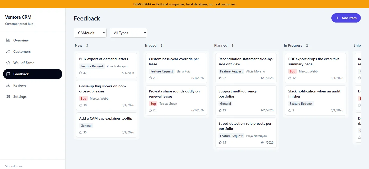Feedback board filtered to CAMAudit, a six-column board scrolled to show New, Triaged, Planned and In Progress, holding cards tagged Feature Request, Bug or General, each with a vote count and the requesting customer's name