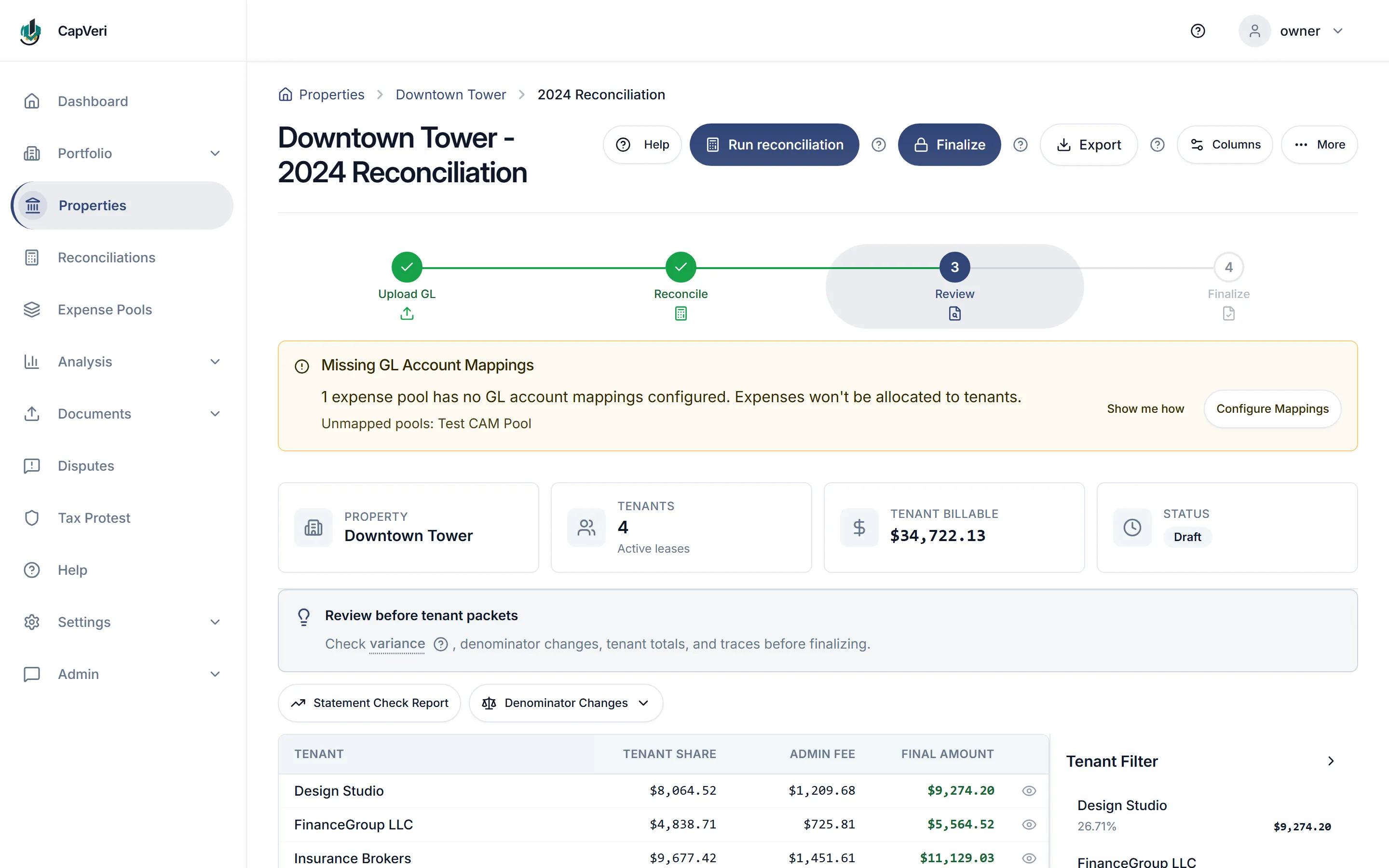 Downtown Tower 2024 reconciliation stopped at step 3 of 4, with an amber banner reading "1 expense pool has no GL account mappings configured" above a per-tenant table of tenant share, admin fee and final amount