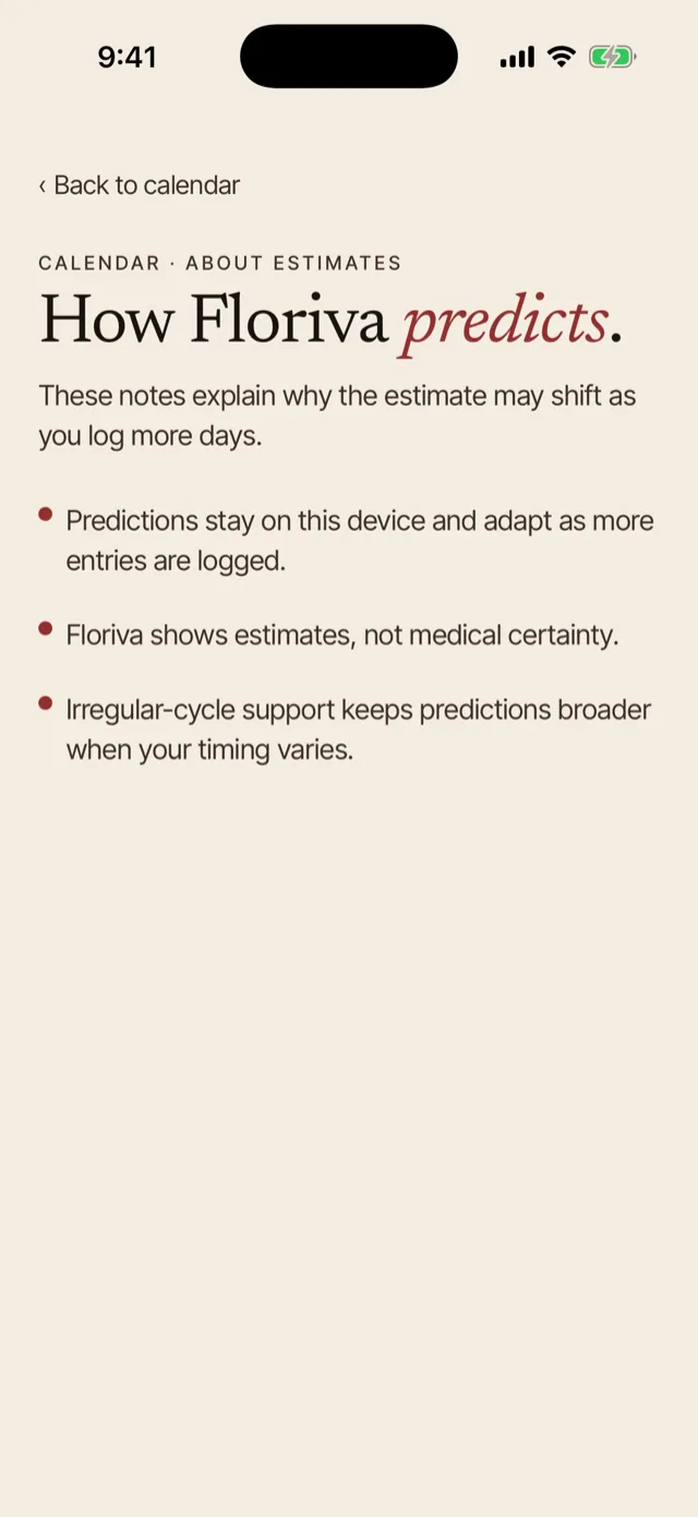 A screen titled "How Floriva predicts", explaining that predictions stay on this device and adapt as more entries are logged, that Floriva shows estimates and not medical certainty, and that irregular-cycle support keeps predictions broader when timing varies.