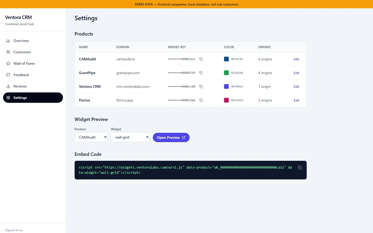 Settings page: a product table listing CAMAudit, GrantPipe, Ventora CRM and Floriva with masked widget keys and origin counts, a widget preview picker, and the generated one-line script tag for embedding wall-grid