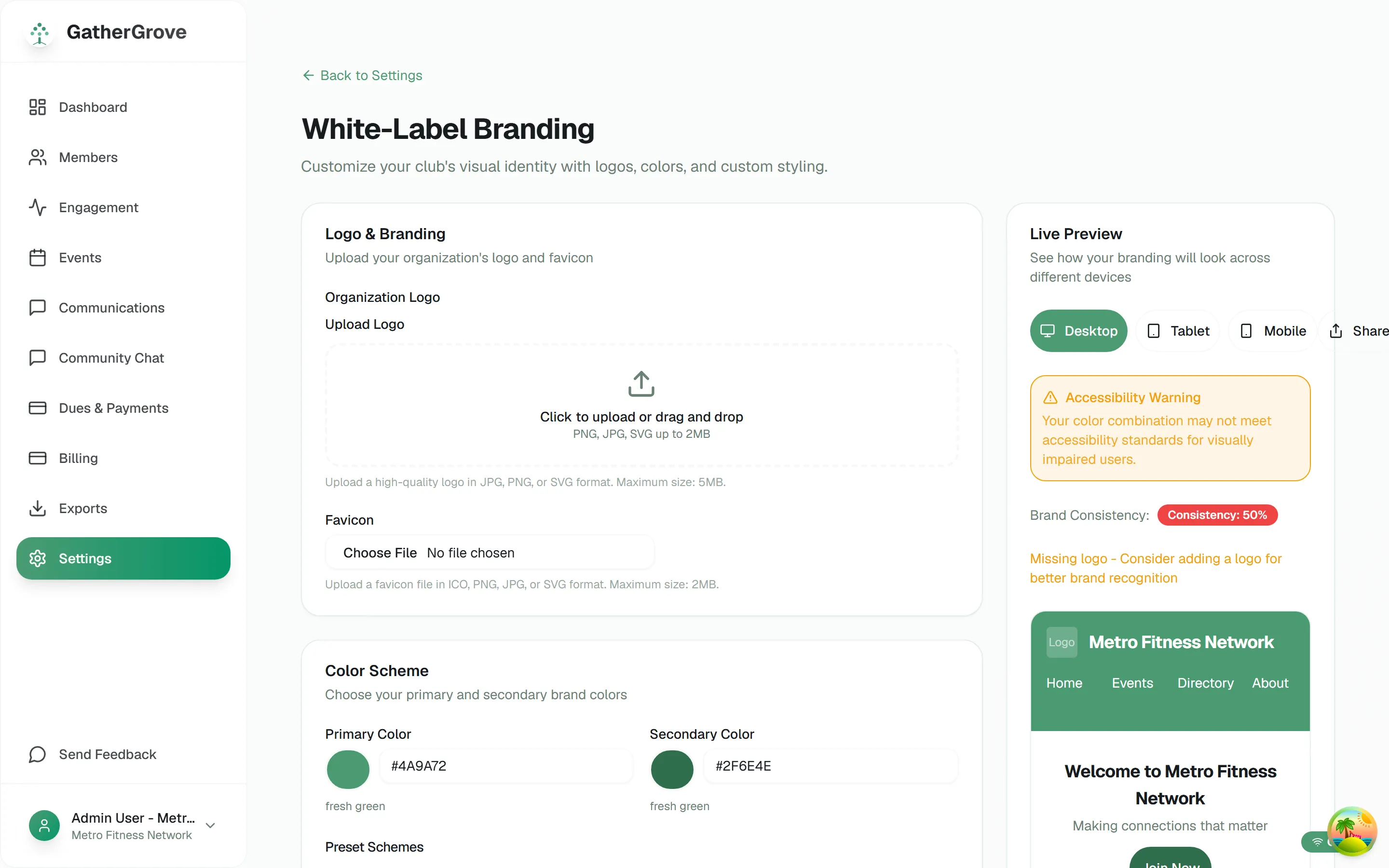White-label branding settings: primary and secondary color pickers with hex values, a device-switchable live preview of the member-facing site, and inline warnings for color contrast and brand consistency