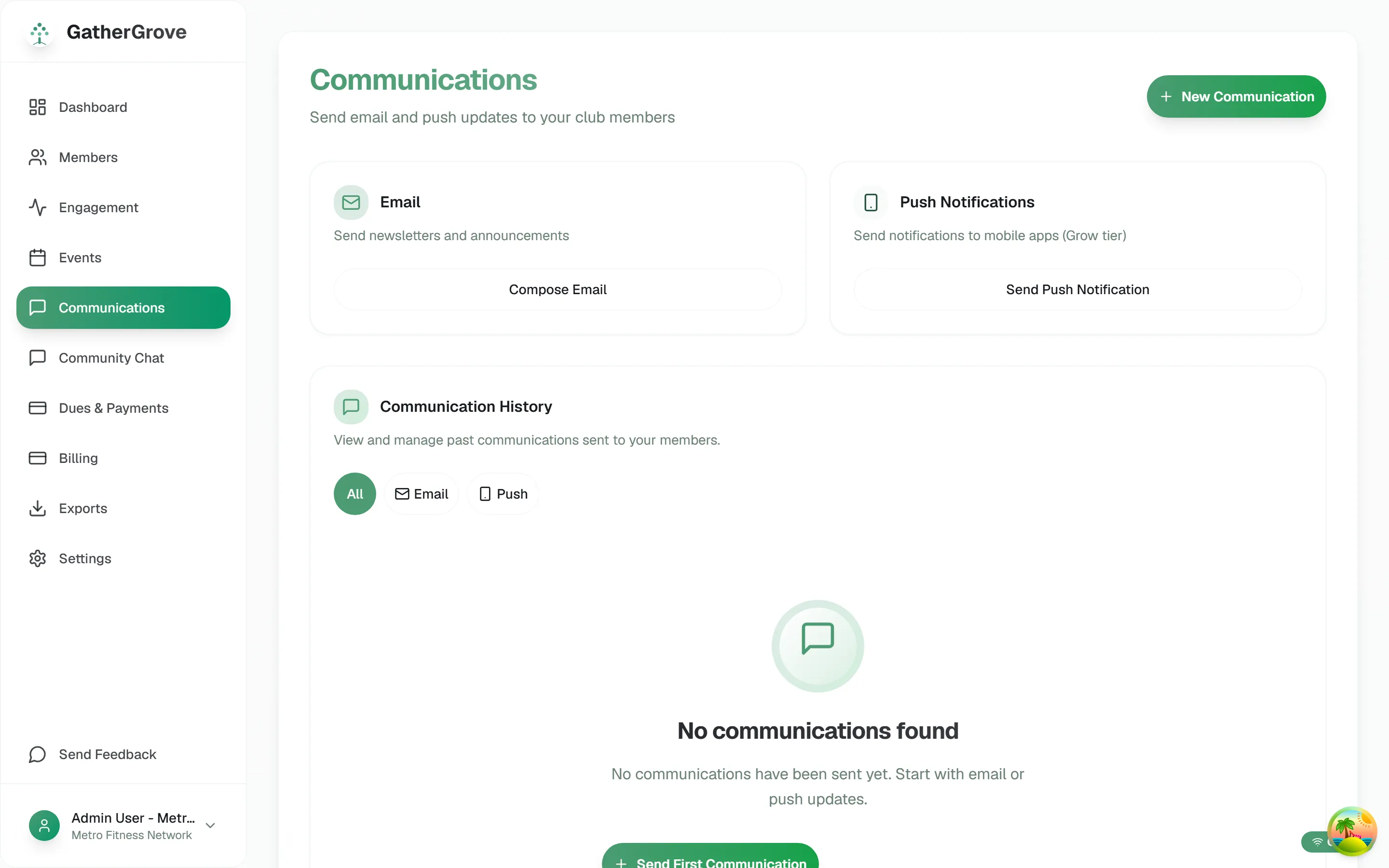 Communications screen for composing and scheduling email and push updates