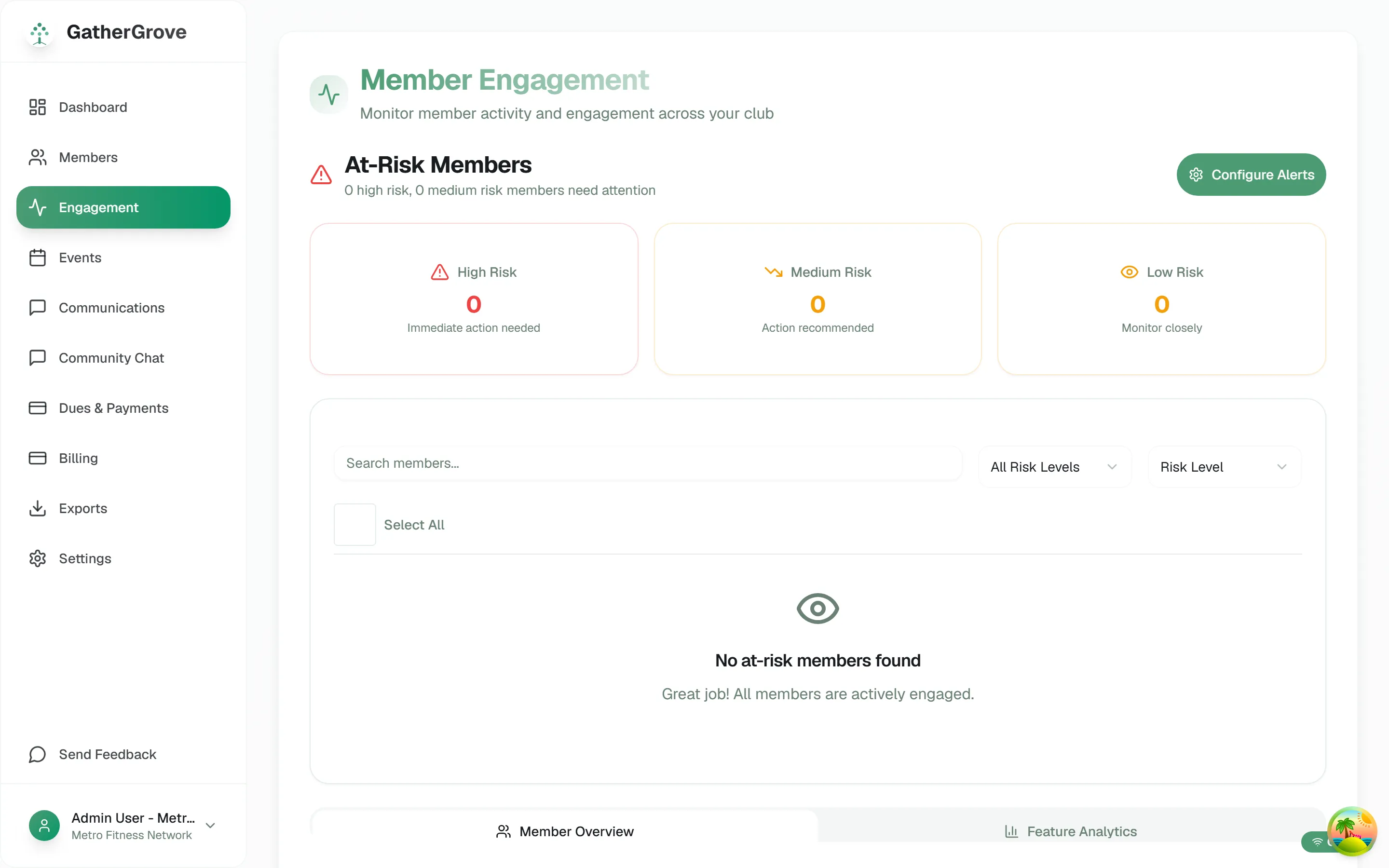 Member engagement dashboard with per-member engagement scores and at-risk flags