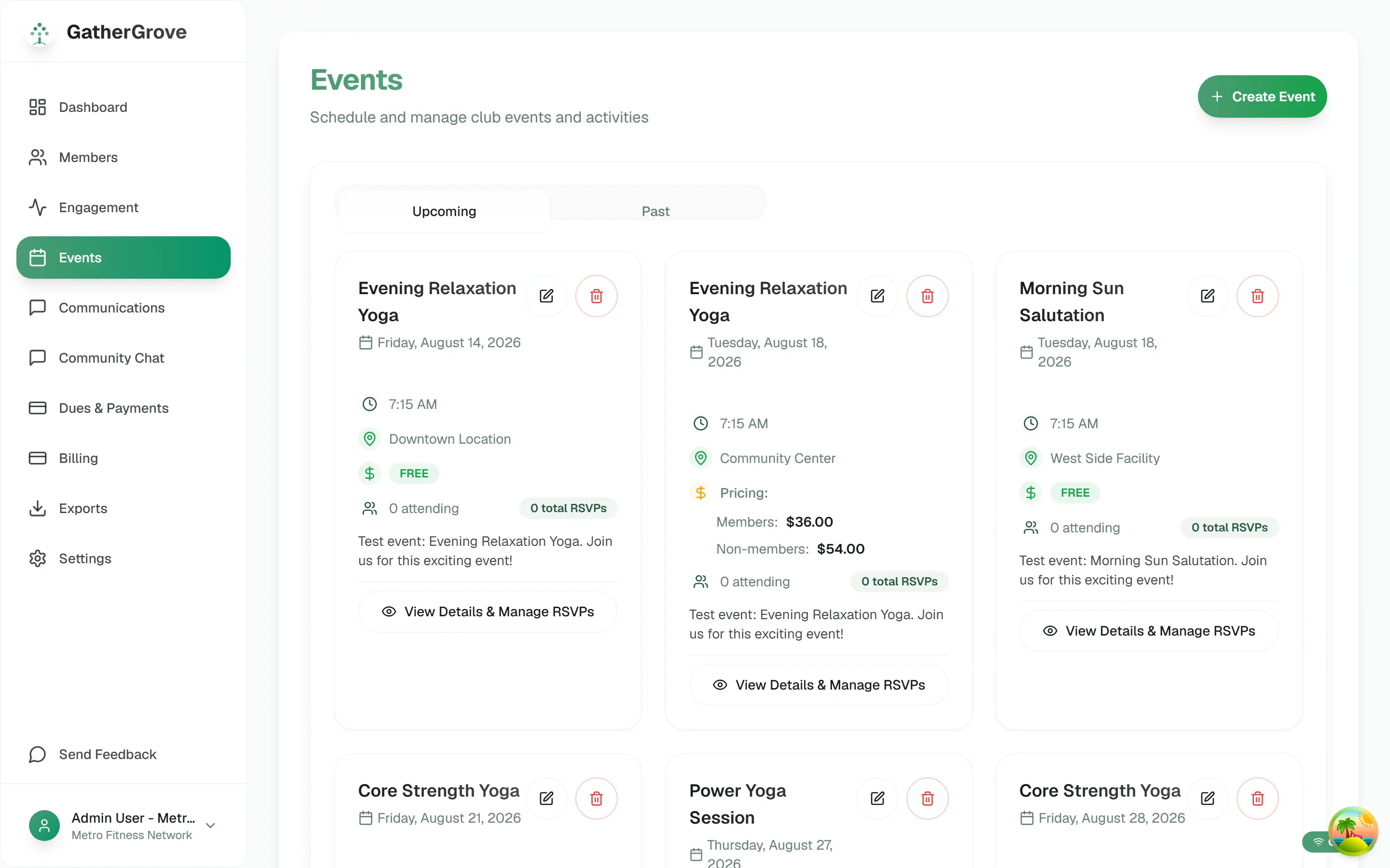 Events list showing recurring classes with dates, per-location scheduling, and member vs. non-member pricing