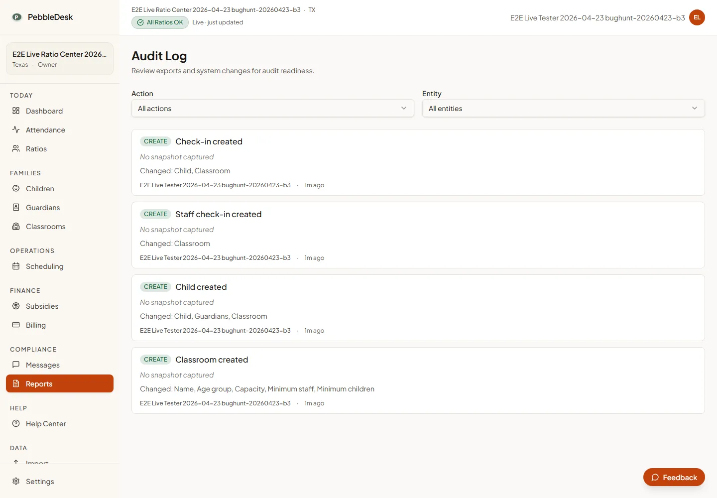 PebbleDesk's Audit Log screen for a synthetic center, filtered to all actions and all entities. Four CREATE entries are listed, each showing the italic line "No snapshot captured" above the list of changed field names, the actor, and a relative timestamp.