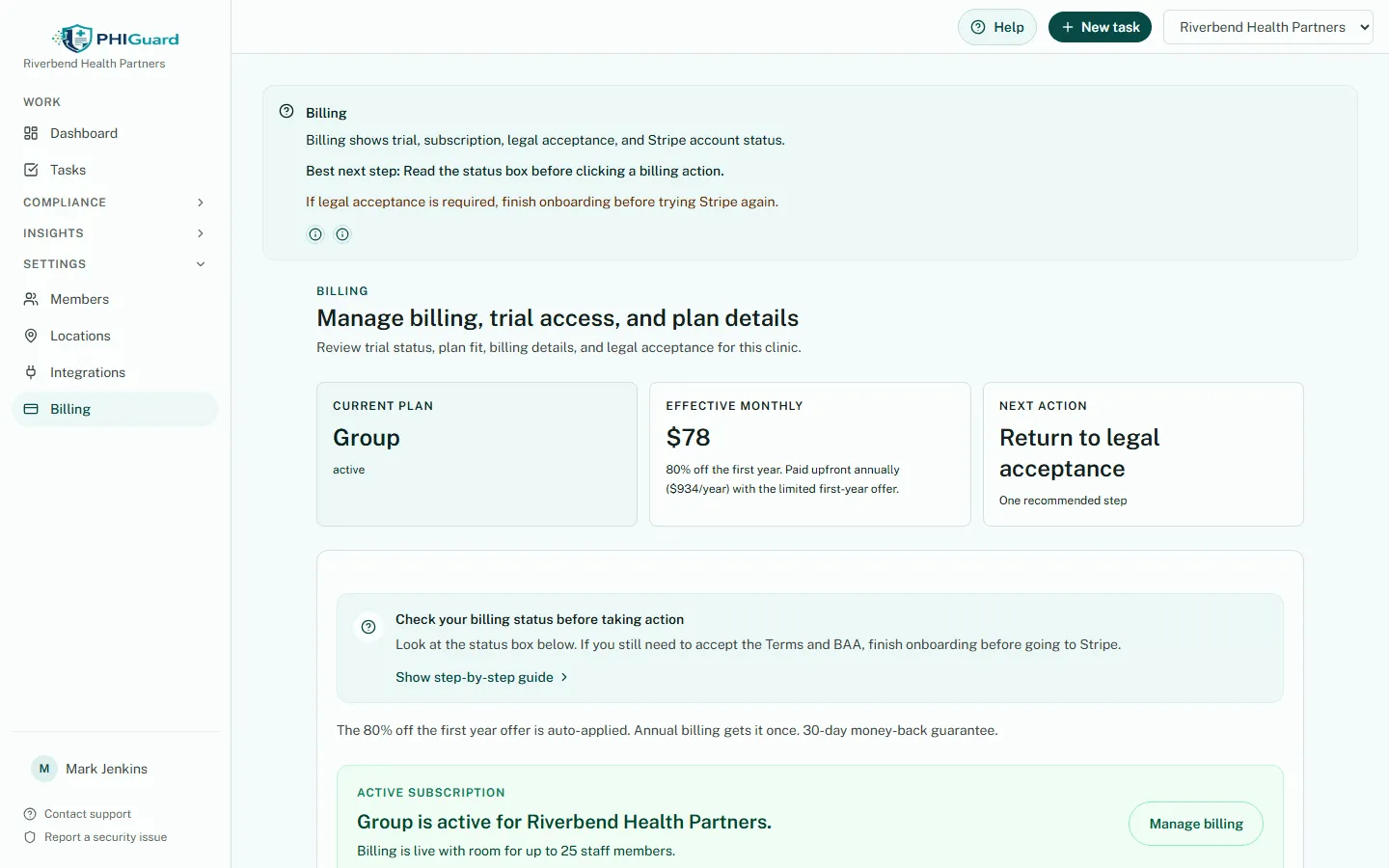 Billing screen showing an active Group plan for the seeded clinic, effective monthly price, next recommended action, and subscription status. The name and organization shown are synthetic seed data, not a real customer.