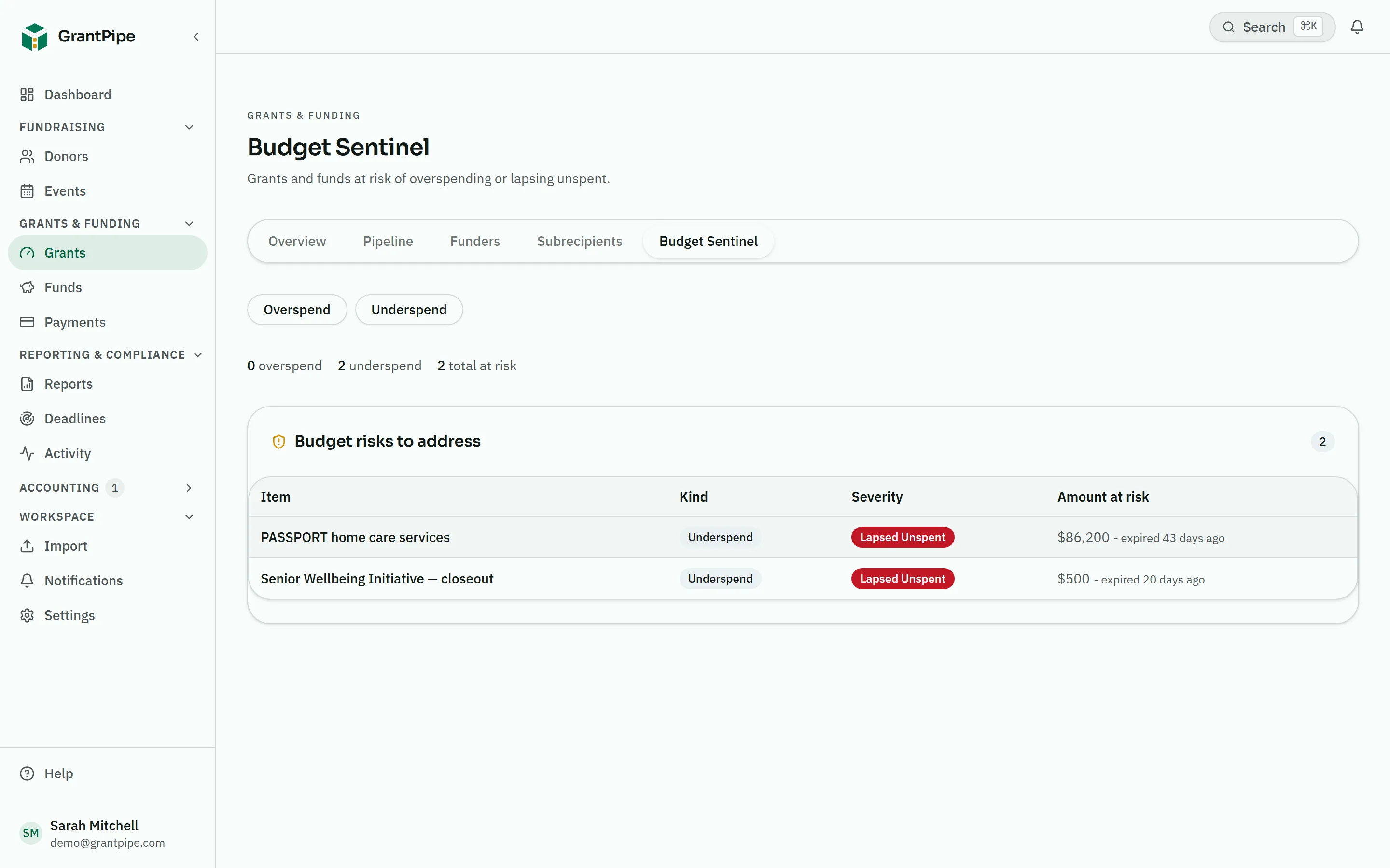 Budget Sentinel listing two grants graded "Lapsed Unspent", with the amount at risk and how many days the spend window has been closed