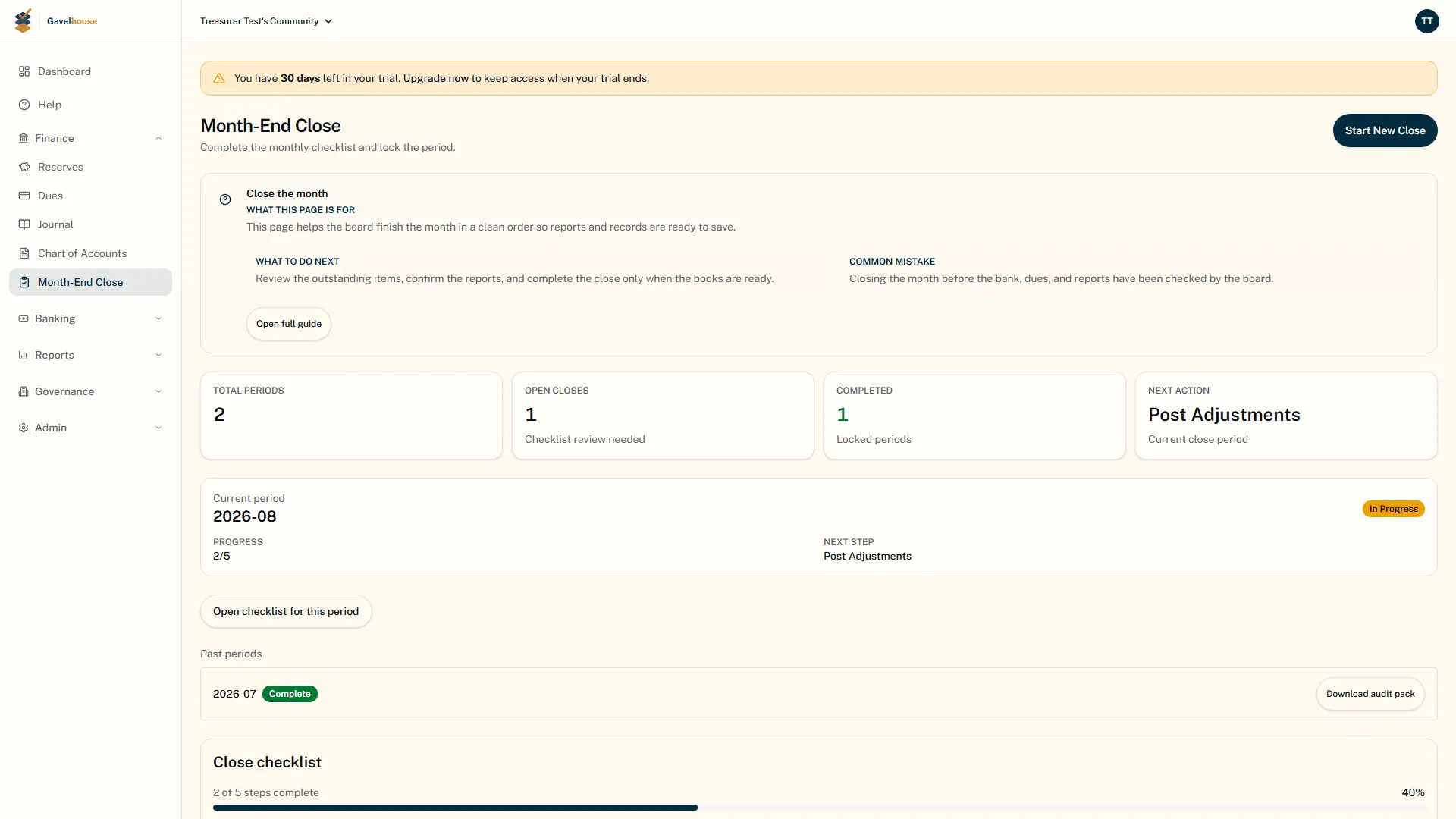 Month-end close for period 2026-08, two of five checklist steps complete, next action Post Adjustments, with the locked 2026-07 period offering an audit pack download