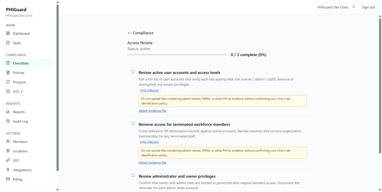 Access Review checklist with three items, each citing a HIPAA section such as 164.308(a)(4) and carrying an inline warning against uploading files with patient names or MRNs as evidence