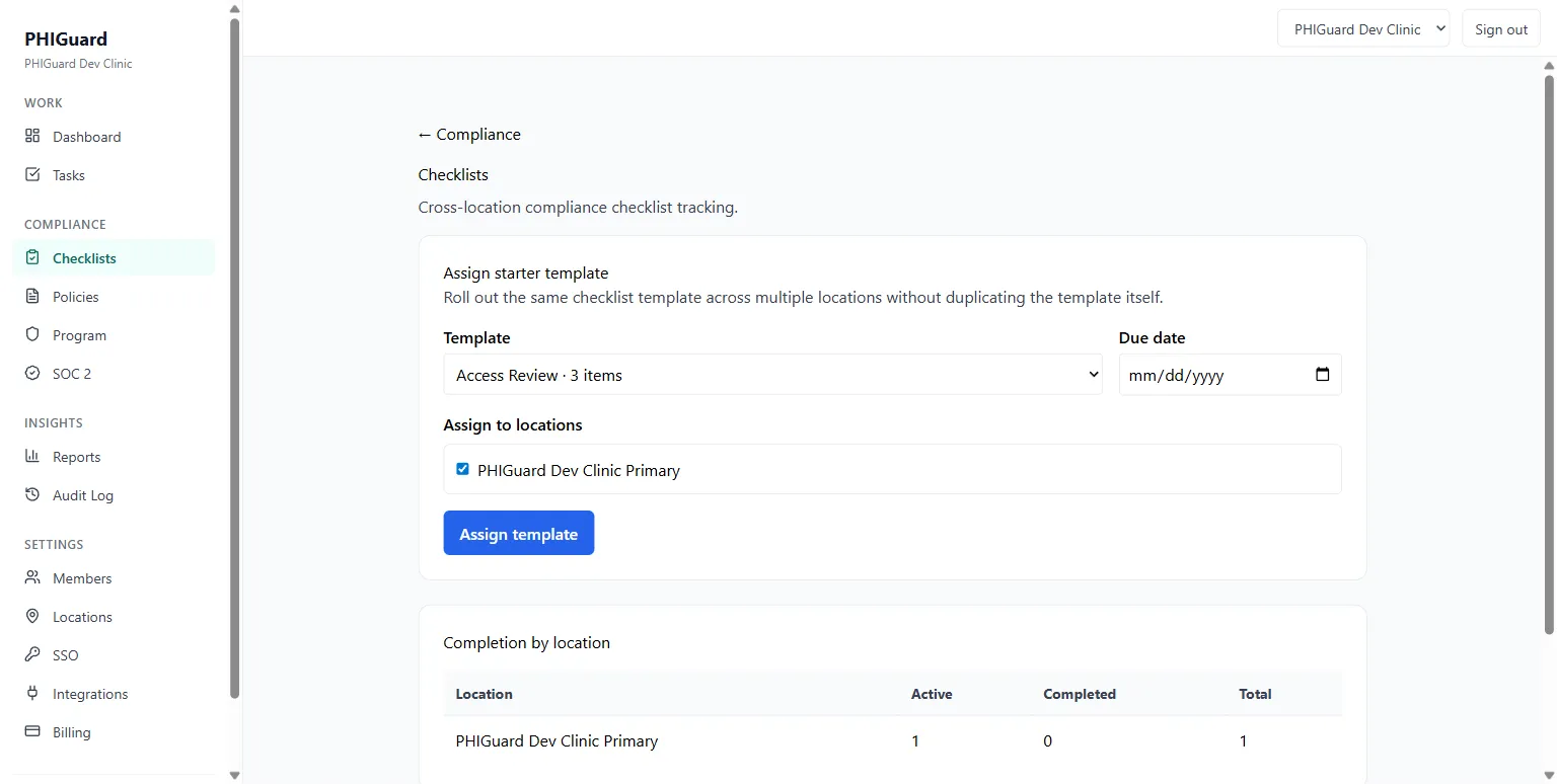 Checklist rollout screen: assign one starter template across selected locations, with a completion-by-location table