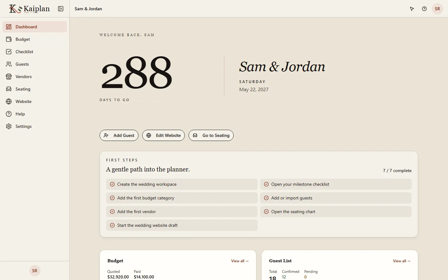 Dashboard with a 288-days countdown beside the wedding name and date, three quick-action buttons, and a first-steps panel reading 7 of 7 complete above budget and guest-list summary cards