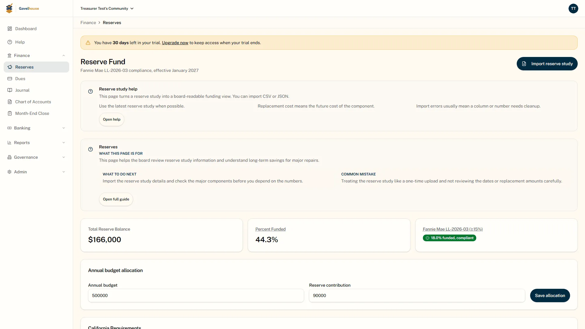 Reserve Fund page showing a $166,000 reserve balance at 44.3% funded, with a Fannie Mae LL-2026-03 badge confirming the 18% budget allocation clears the 15% threshold
