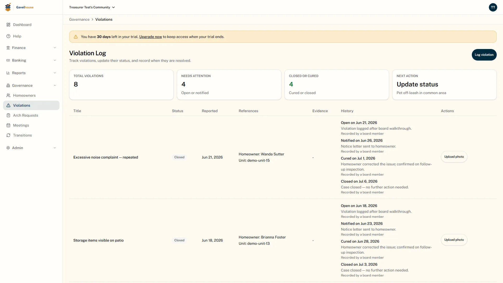 Violation log with eight violations, four needing attention, each row carrying a dated history of open, notified, cured, and closed events
