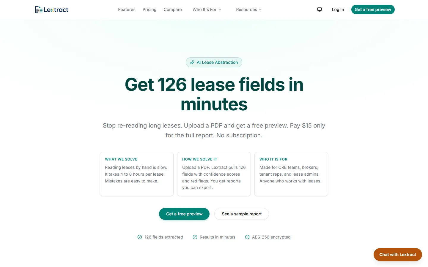 Lextract landing page: "Get 126 lease fields in minutes" hero with a $15-per-lease, no-subscription pitch