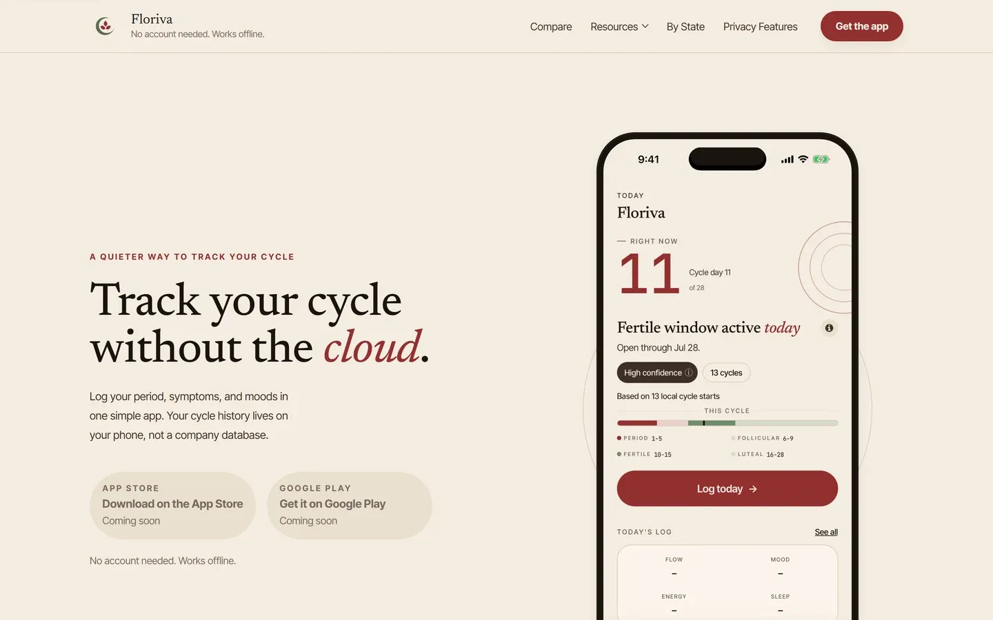 Floriva marketing homepage, hero headline and phone mockup of the today screen
