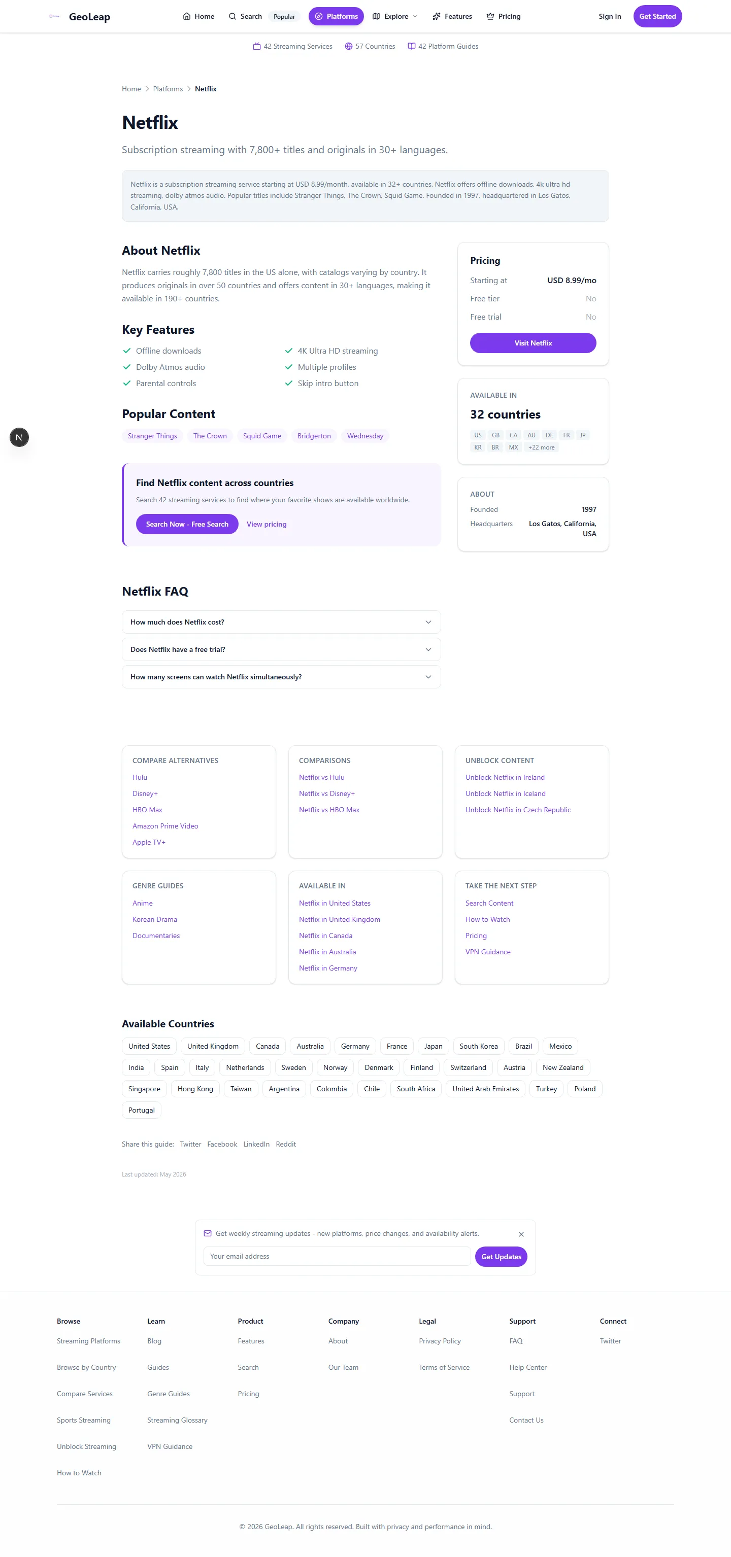 A generated GeoLeap platform page for Netflix, showing pricing, key features, popular titles and the 32 countries it is available in