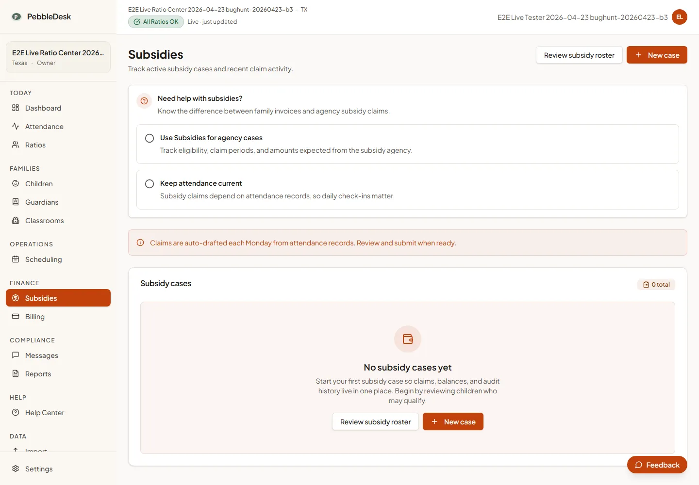 PebbleDesk's Subsidies screen for a synthetic center, with a banner noting claims are auto-drafted each Monday from attendance records, above an empty subsidy-cases list reading "No subsidy cases yet."