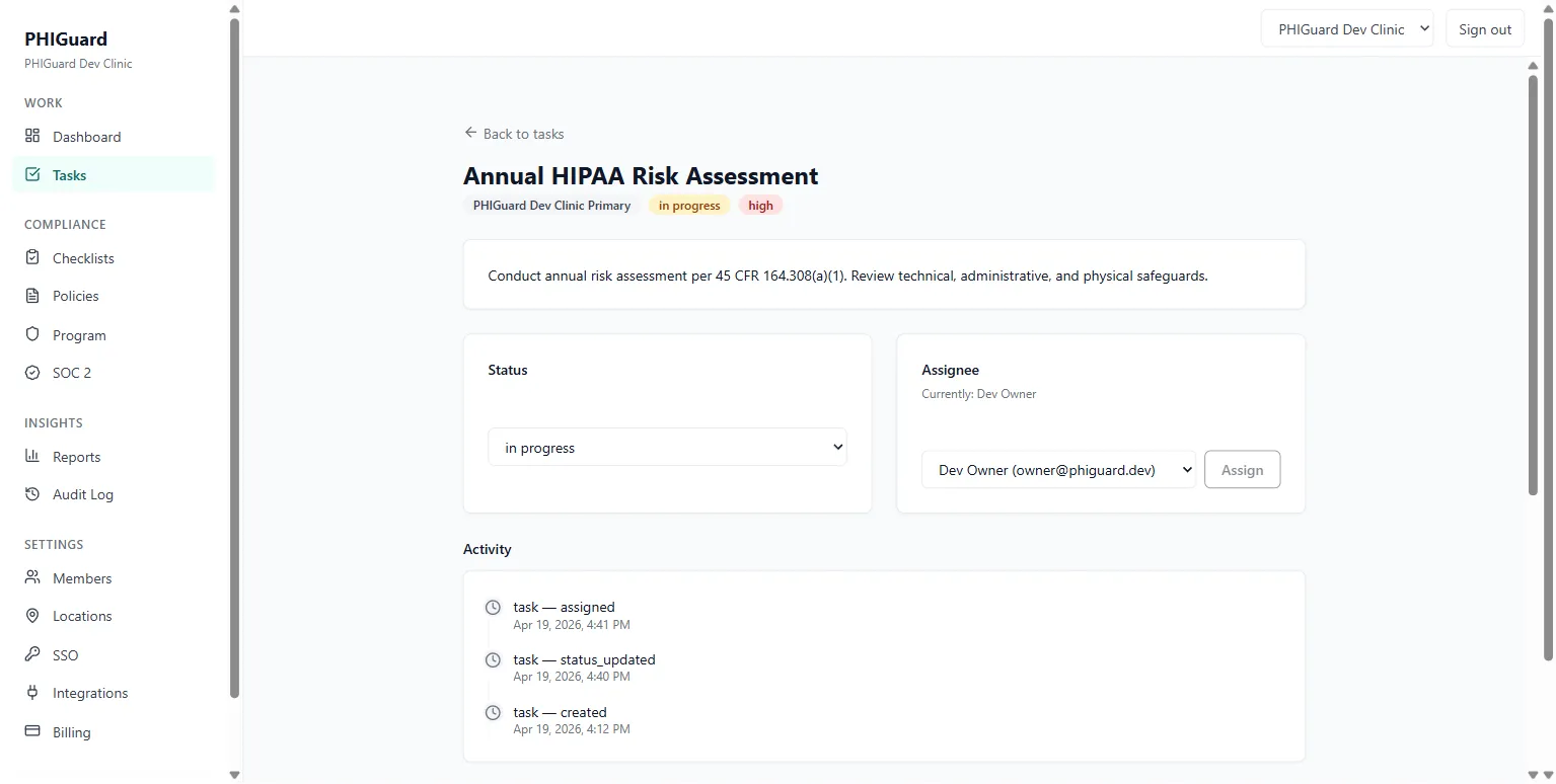 Task detail for Annual HIPAA Risk Assessment, in progress and assigned, with an activity trail listing assigned, status_updated and created events with timestamps