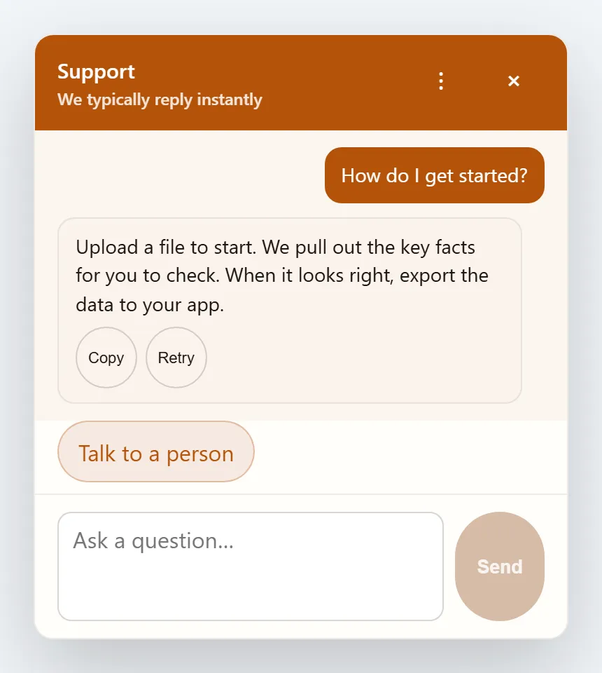 Support widget showing the question "How do I get started?" and a reply about uploading a file to extract and export key facts, with Copy, Retry, and Talk to a person options