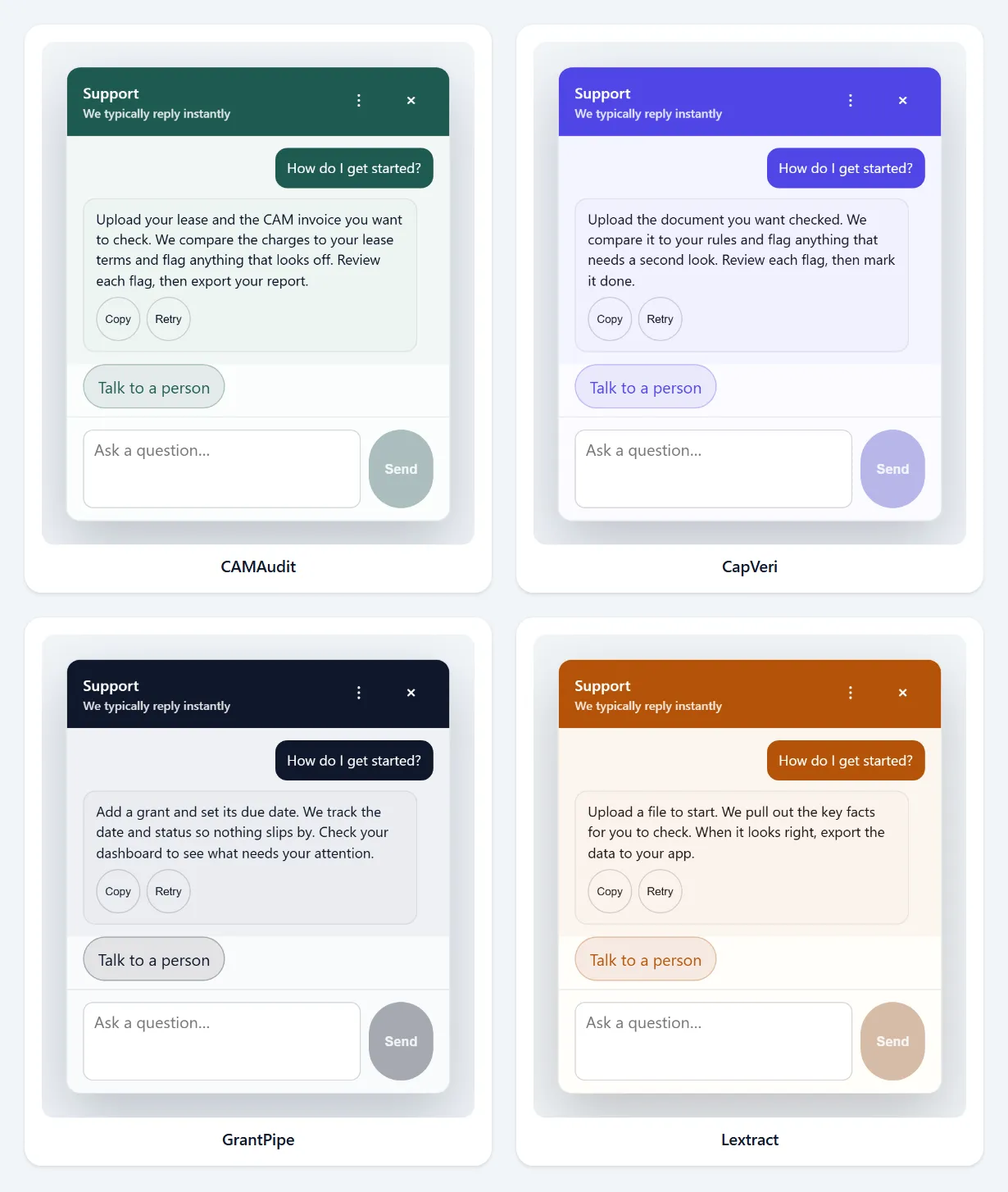 The AI-CS support panel rendered four times side by side under the CAMAudit, CapVeri, GrantPipe and Lextract themes: green, purple, near-black and orange headers, each with a matching send button, escalation pill and message bubbles, all answering the same "How do I get started?" question